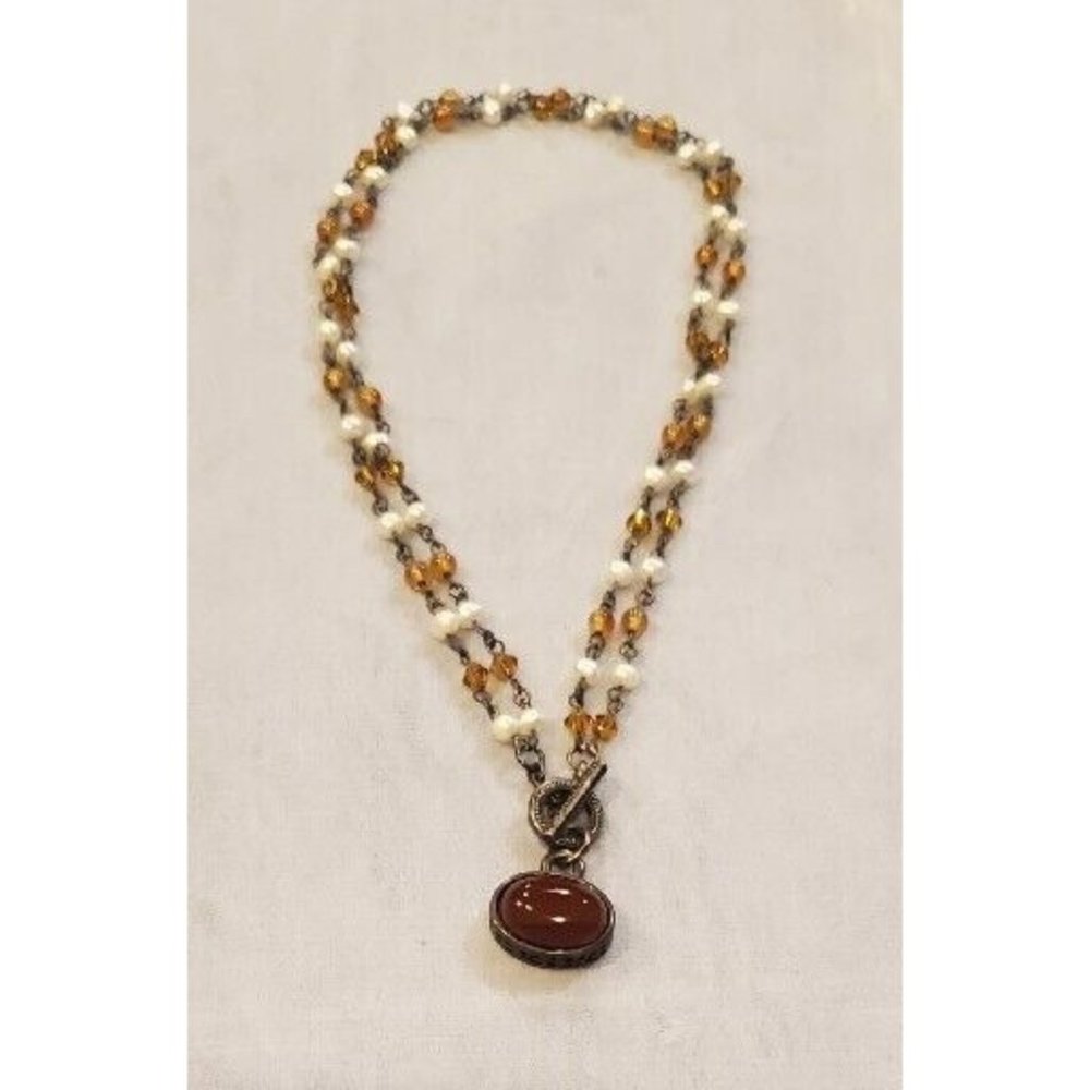 Beautiful Double Strand Amber Bead Necklace Dark Gold Tone 15” Toggle Clasp